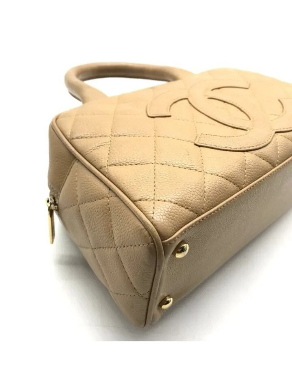 Chanel CC Logo Jumbo CC Quilted Mini Boston Hand Bag Beige